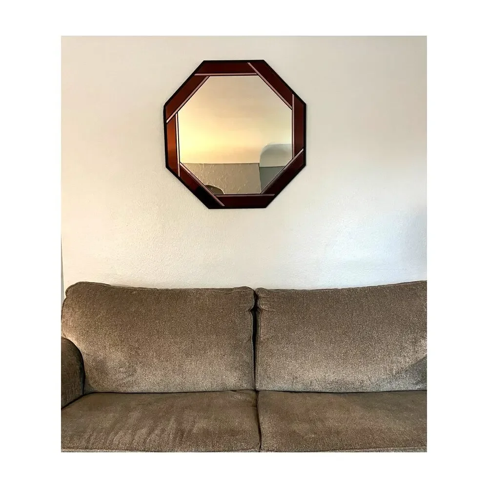 Signed Marcia Moore Stained Glass Mirror Octagonal Burgundy Art Deco Revival